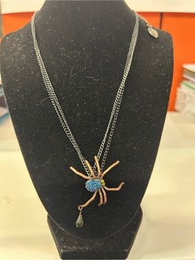 Betsey Johnson Blue and Yellow Crystal Spider Pendant Necklace